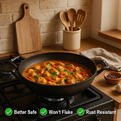 LIVEVIE 9" Cast Iron Deep Kadai Wok with dual handles, heavy-duty for frying & curries.