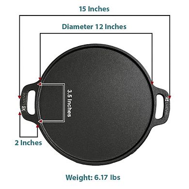 12" Cast Iron Griddle Pan with dual handles, pre-seasoned for durable, versatile cooking.