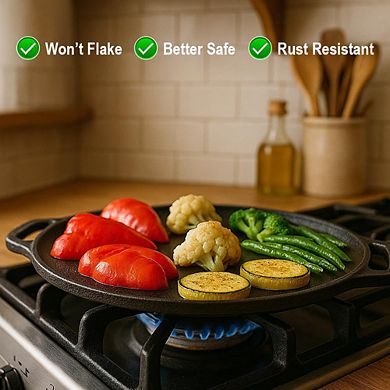 12" Cast Iron Griddle Pan with dual handles, pre-seasoned for durable, versatile cooking.