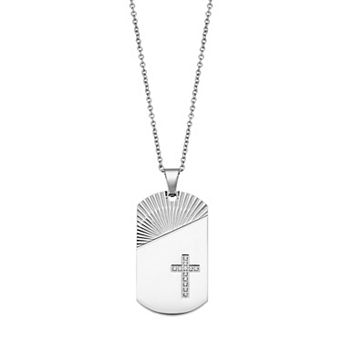 Men's Stainless Steel Cubic Zirconia Dog Tag Pendant Necklace