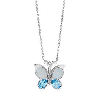 Sterling Silver Diamond Accent & Gemstones Butterfly Pendant Necklace
