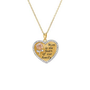 18k Gold over Sterling Silver Crystal Brush Heart & Rose Pendant Necklace