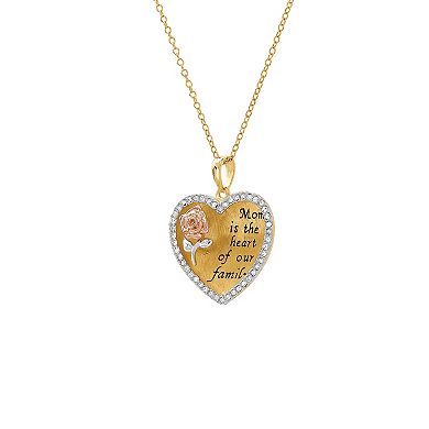 18k Gold over Sterling Silver Crystal Brush Heart & Rose Pendant Necklace