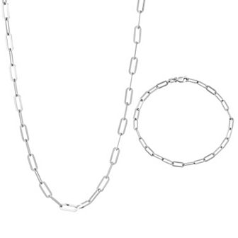 Sterling Silver Solid Flat Paperclip Bracelet & Chain Necklace Set