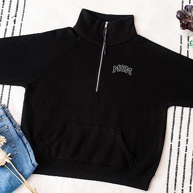 Simply Sage Market Embroidered Mom Varsity Outline Quarter Zip Fleece