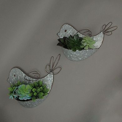 Set of 2 Galvanized Metal Bird Wall Pocket Planter Rustic Decorative Plant Vases