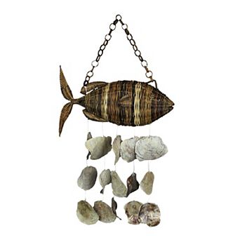 Large Woven Rattan Fish Shaped Capiz Shell Wind Chime 31 in High