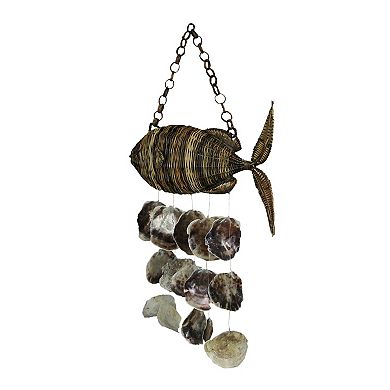 Large Woven Rattan Fish Shaped Capiz Shell Wind Chime 31 Inches High
