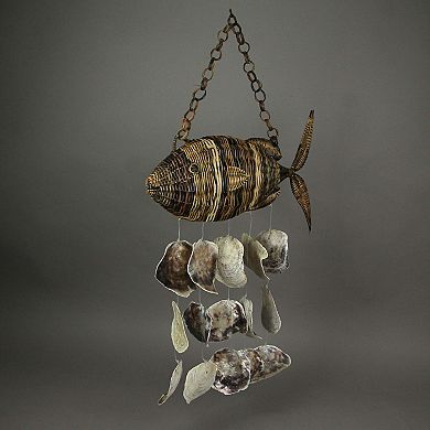 Large Woven Rattan Fish Shaped Capiz Shell Wind Chime 31 Inches High