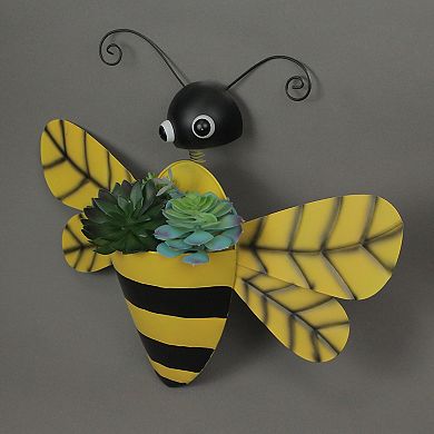 Black & Yellow Metal Bumble Bee Wall Pocket Planter Rustic Decorative Plant Vase