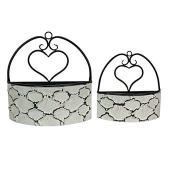 Large & Small Galvanized Metal Rustic White Wall Pocket Planters Heart Set /2