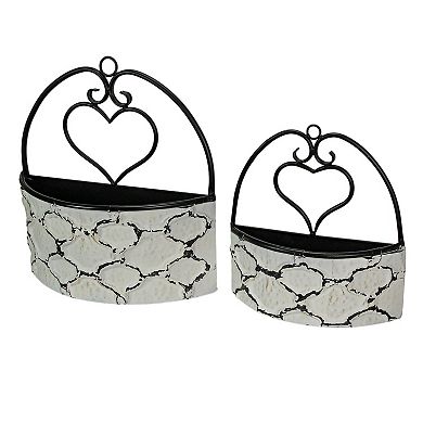 Large & Small Galvanized Metal Rustic White Wall Pocket Planters Heart Set /2