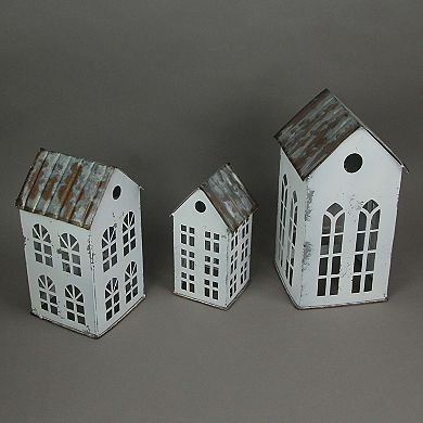 Set of 3 Rustic Country Farmhouse White Metal House Shaped Candle Holders