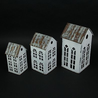 Set of 3 Rustic Country Farmhouse White Metal House Shaped Candle Holders