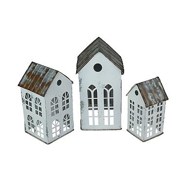 Set of 3 Rustic Country Farmhouse White Metal House Shaped Candle Holders