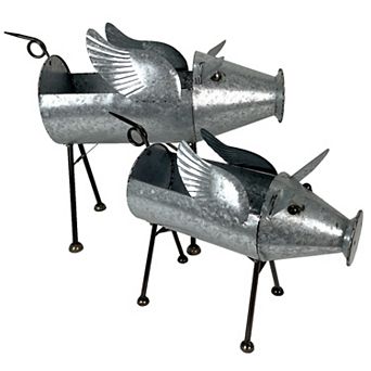 Set of 2 Flying Pig Planters - Distressed Metal - Whimsical Farmhouse Decor