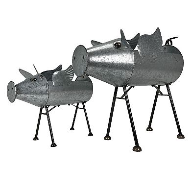 Set of 2 Flying Pig Planters - Distressed Metal - Whimsical Farmhouse Decor
