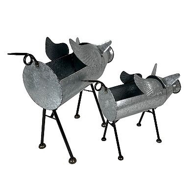 Set of 2 Flying Pig Planters - Distressed Metal - Whimsical Farmhouse Decor
