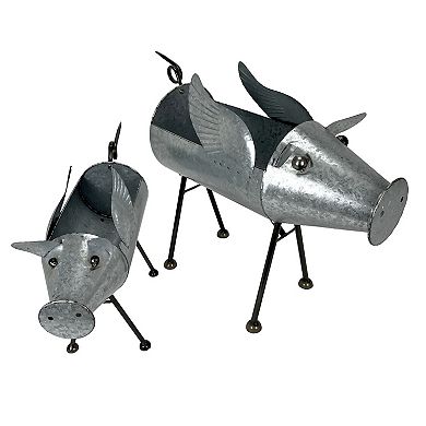 Set of 2 Flying Pig Planters - Distressed Metal - Whimsical Farmhouse Decor