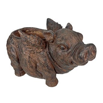 Flying Pig Planter 17" Brown, With Drain Hole, Rustic Indoor Outdoor Decor
