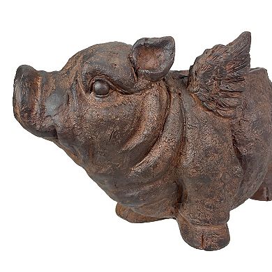 Flying Pig Planter 17" Brown, With Drain Hole, Rustic Indoor Outdoor Decor