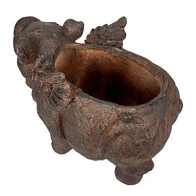 Flying Pig Planter 17" Brown, With Drain Hole, Rustic Indoor Outdoor Decor