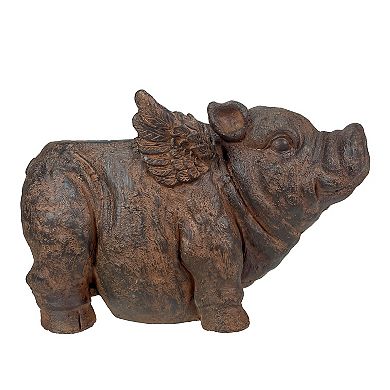 Flying Pig Planter 17" Brown, With Drain Hole, Rustic Indoor Outdoor Decor