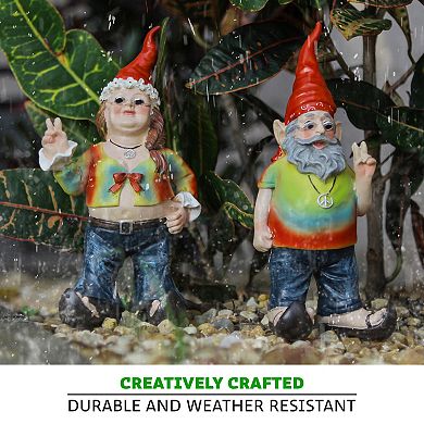 Gnancy and Gnarley Pair of Hippie Garden Gnome Statues 8.25 Inches High
