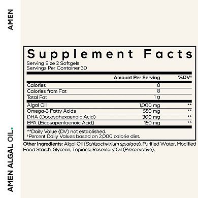 Amen Algal Oil, 1000mg, Vegan Omega-3 Fatty Acids, DHA & EPA, Non-GMO, 60 ct