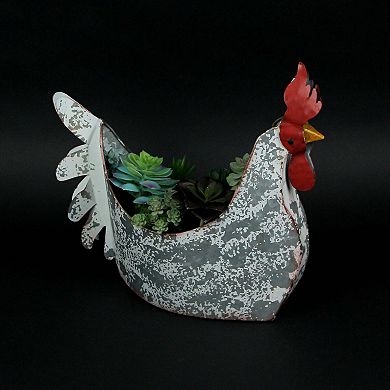 Weathered White Galvanized Metal Rooster Planter - Farmhouse Garden Decor
