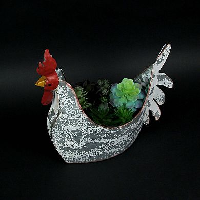 Weathered White Galvanized Metal Rooster Planter - Farmhouse Garden Decor