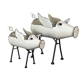 Rustic White Painted Galvanized Metal Flying Pig Standing Planters Set of 2