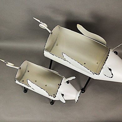 Rustic White Painted Galvanized Metal Flying Pig Standing Planters Set of 2