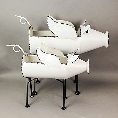 Rustic White Painted Galvanized Metal Flying Pig Standing Planters Set of 2