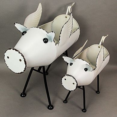 Rustic White Painted Galvanized Metal Flying Pig Standing Planters Set of 2