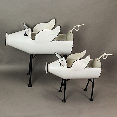 Rustic White Painted Galvanized Metal Flying Pig Standing Planters Set of 2