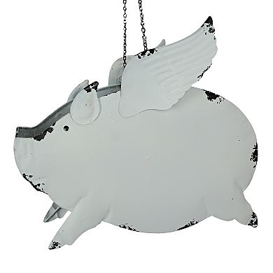 Metal Distressed White Flying Pig Hanging Planter Set Large & Small Flower Pots