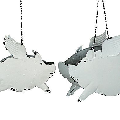 Metal Distressed White Flying Pig Hanging Planter Set Large & Small Flower Pots