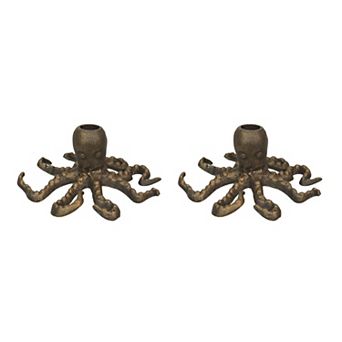 Set of 2 Octopus Candle Holders Antique Gold Finish Nautical Beach Accent