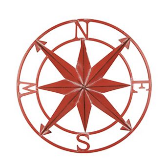 20 Inch Distressed Metal Compass Rose Nautical Wall Decor Indoor Outdoor, Coral