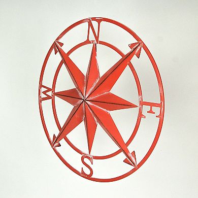 20 Inch Distressed Metal Compass Rose Nautical Wall Decor Indoor Outdoor, Coral