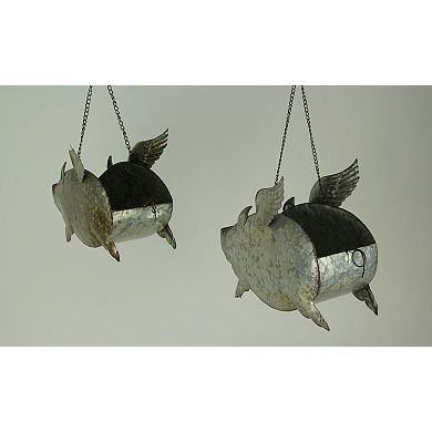 Distressed Galvanized Metal Flying Pig Hanging Planter Set of 2 - Indoor/Outdoor