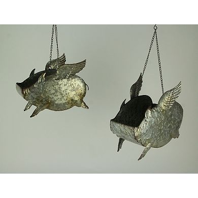 Distressed Galvanized Metal Flying Pig Hanging Planter Set of 2 - Indoor/Outdoor
