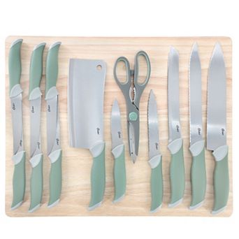 Linbergh 14 pc Stainless Steel Cutlery and Cutting Board Set in Green with Soft-Grip Handles
