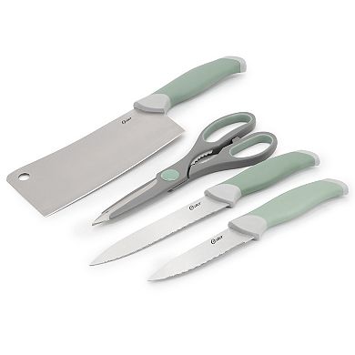 Linbergh 14 Piece Stainless Steel Cutlery and Cutting Board Set in Green with Soft-Grip Handles