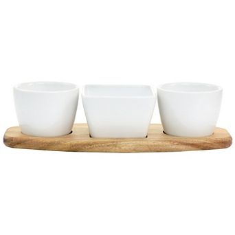 4 pc Fine Ceramic Tidbit Dish Set with Acacia Wood Base