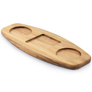 4 Piece Fine Ceramic Tidbit Dish Set with Acacia Wood Base