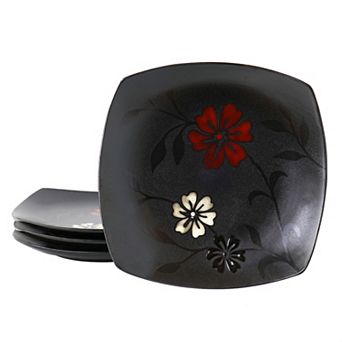 Hometrends Evening Blossom 4 pc 8 Inch Square Stoneware Salad Plate Set in Black