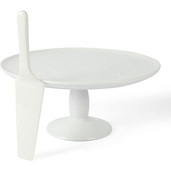12 Inch Fine Ceramic Round Cake Stand With Server in White