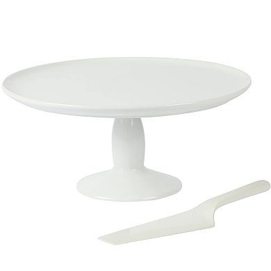 12 Inch Fine Ceramic Round Cake Stand With Server in White